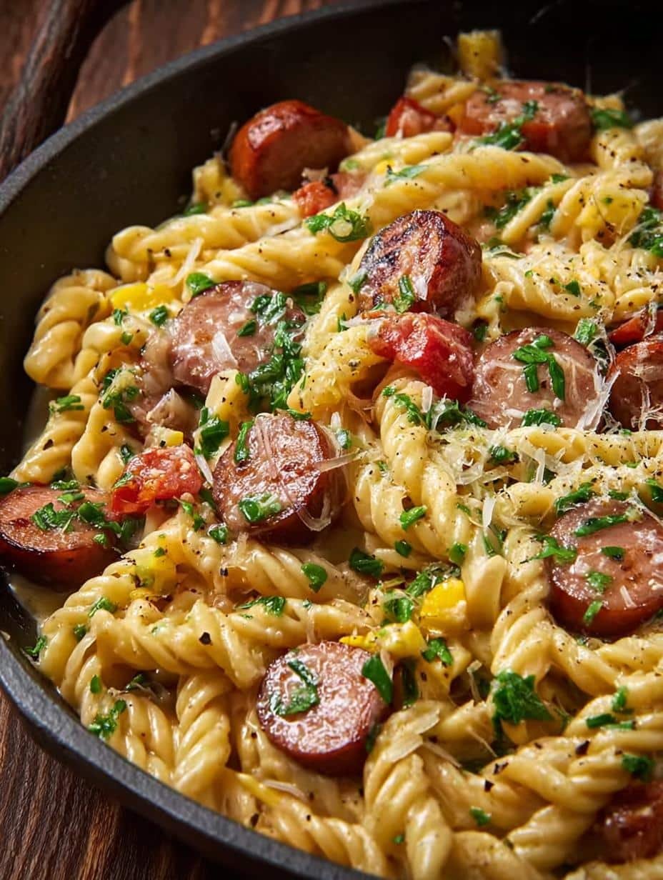 Close-up of Summer Kielbasa Pasta with rotini, corn, and cherry tomatoes