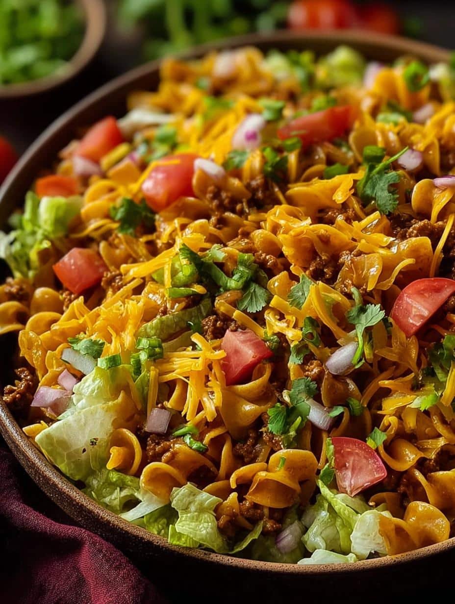 Vibrant Taco Pasta Salad with rotini pasta, ground beef, corn, black beans, and fresh vegetables in a large serving bowl
