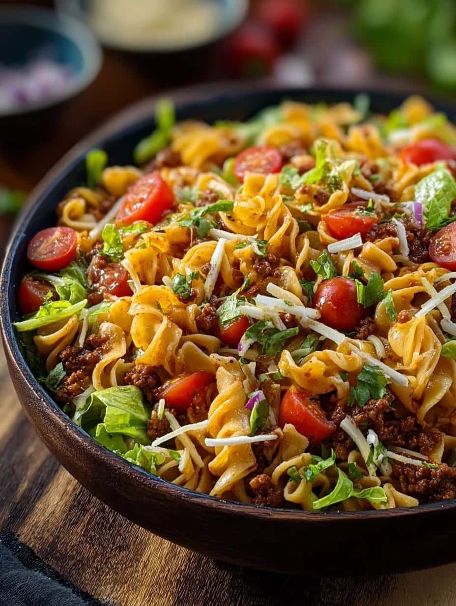 Close-up of a serving of Taco Pasta Salad, showing the creamy dressing and crunchy nacho cheese chips
