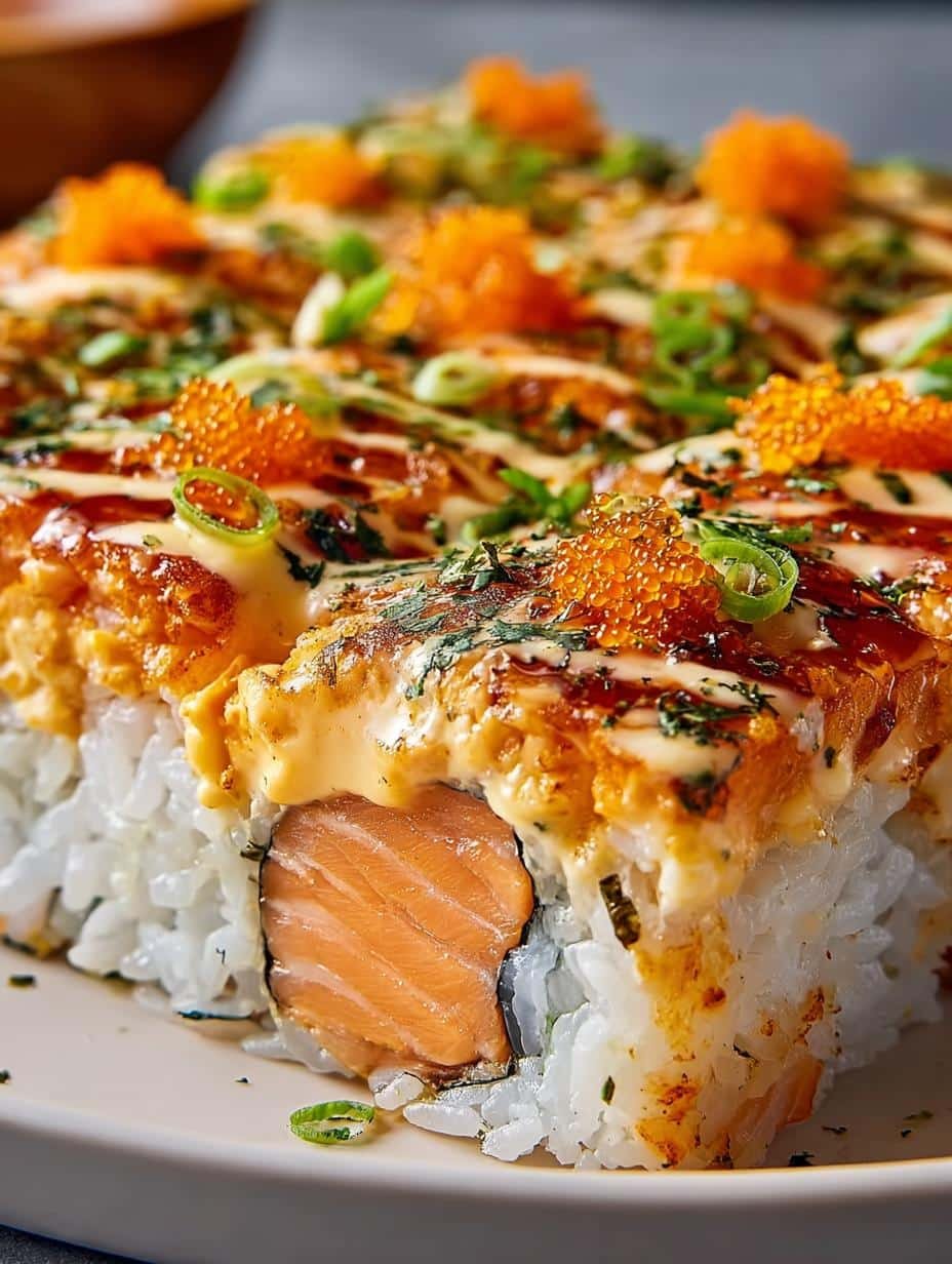 Delicious Viral Spicy Salmon Sushi bake with creamy sauce and golden cheese topping, ready to be served