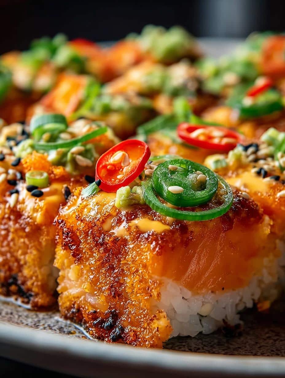 Close-up of a serving of Viral Spicy Salmon Sushi bake with nori sheets and avocado slices