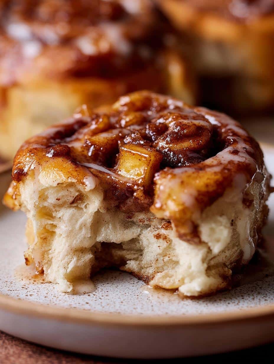 Close-up of freshly baked Apple Cinnamon Rolls with sweet cream cheese icing
