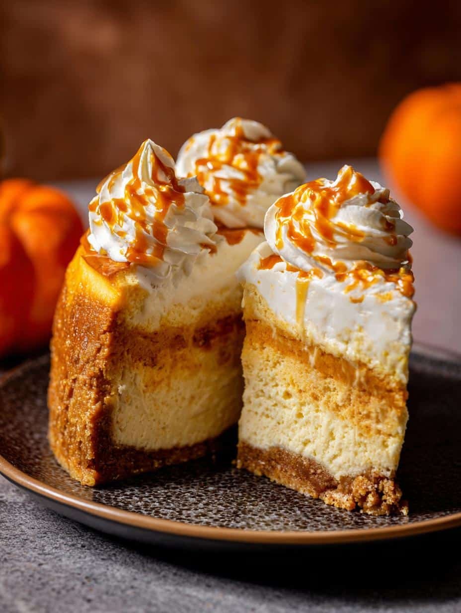 Close-up of a slice of Pumpkin Cheesecake Cake showing the distinct layers