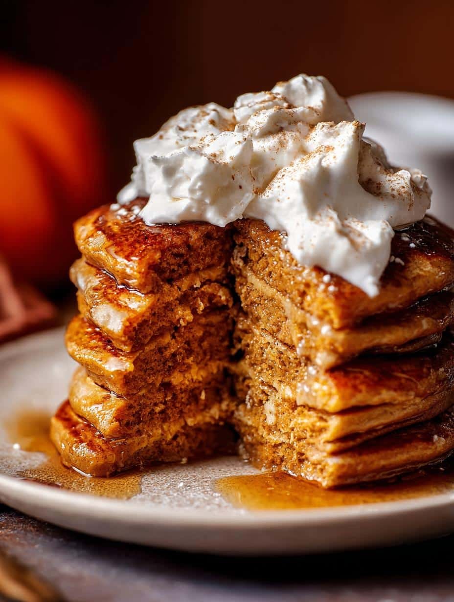 Close-up of a stack of Pumpkin Pancakes with a pat of butter melting on top, ready to be served