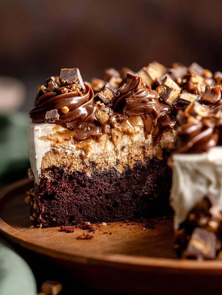 Slice of Snickers Cake revealing chocolate cake, caramel, and peanut butter frosting layers, ready to be enjoyed
