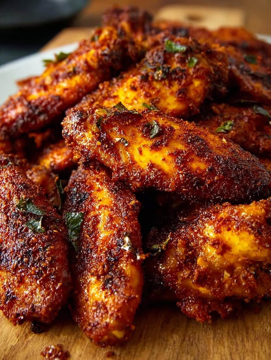 Delicious Air Fryer Spicy Dry Rub Wings arranged on a plate with fresh herbs, ready to be served