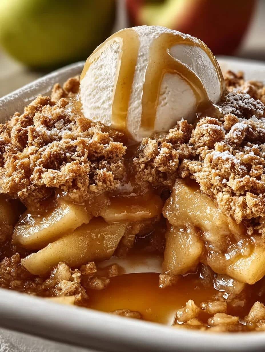 Apple Crisp: 5 Irresistible Reasons to Make This Cozy Dessert - Close-up of a serving of apple crisp with a scoop of vanilla ice cream