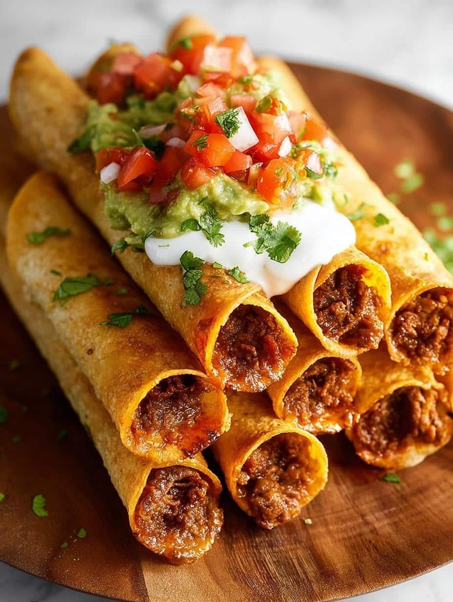 Crispy golden Beef Taquitos piled high on a plate with fresh cilantro and a side of salsa, ready to be enjoyed