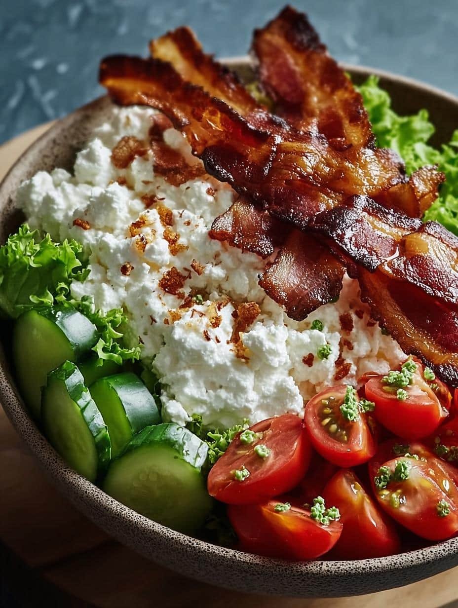 Delicious Blt Cottage Cheese Bowl with crispy bacon, fresh lettuce, and juicy tomatoes, ready to eat