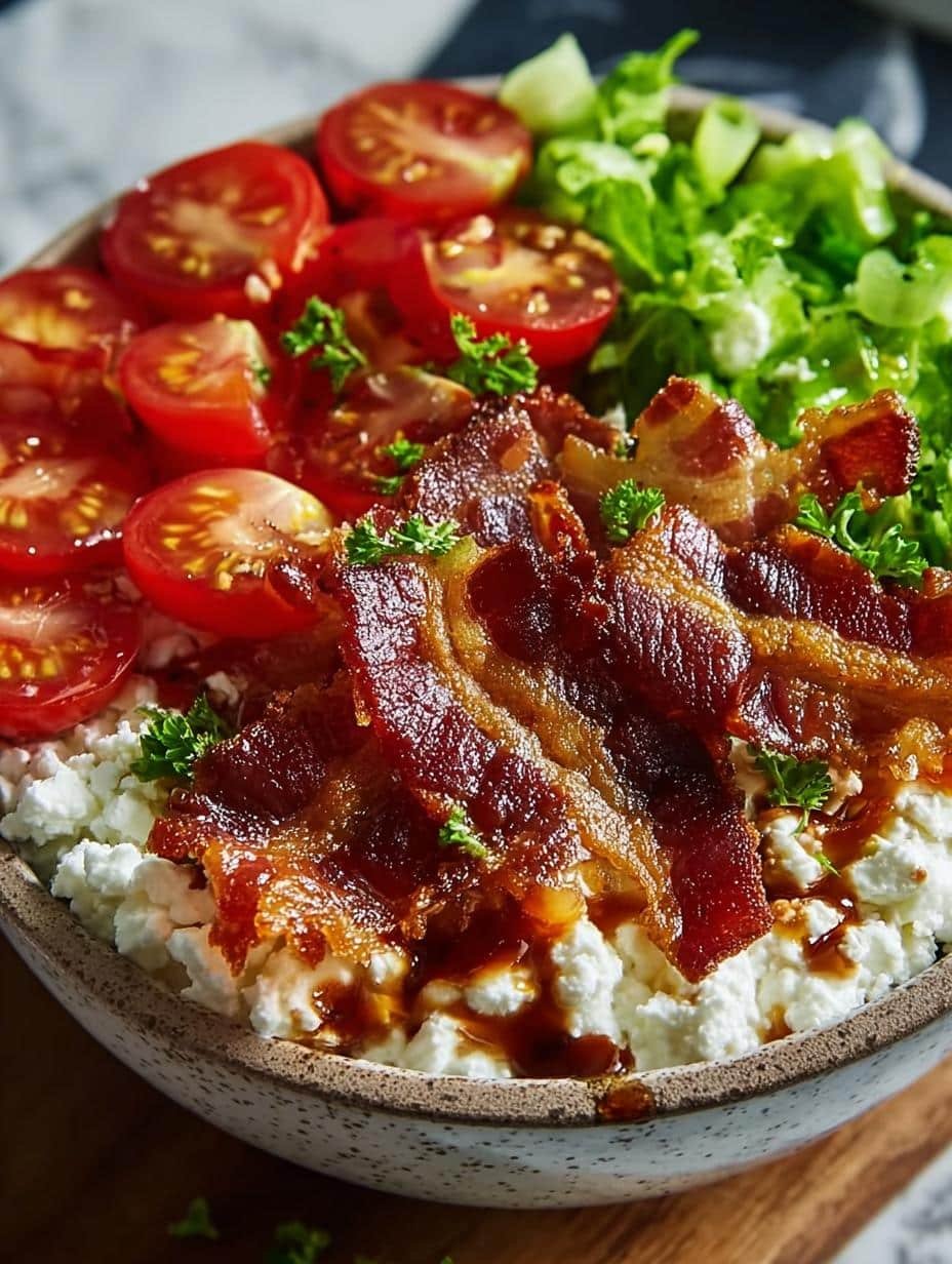 Close-up of a Blt Cottage Cheese Bowl showing the creamy cottage cheese base with vibrant toppings