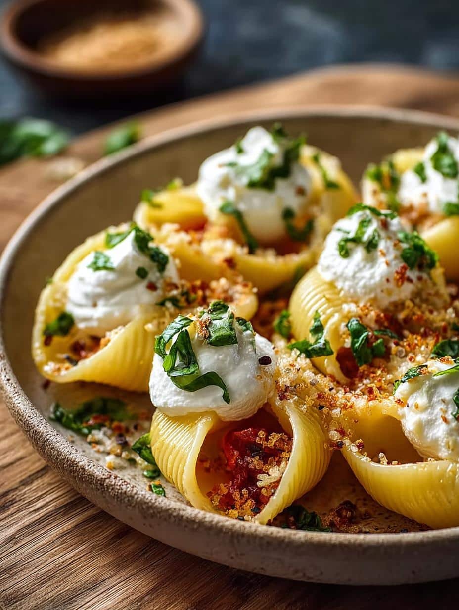 Delicious Burrata Pasta Shells with creamy roasted garlic and lemon sauce, garnished with fresh parsley