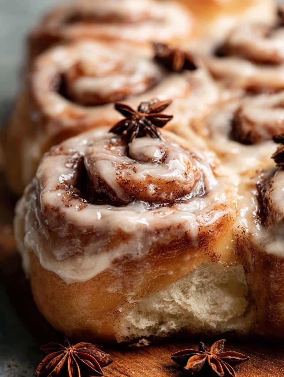 Close-up of a single Chai Cinnamon Roll with cream cheese frosting, showing its fluffy texture