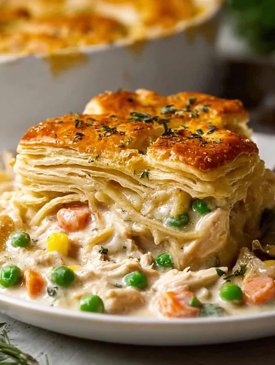 Delicious and comforting Chicken Pot Pie Casserole, main visual representation of the dish with golden biscuits