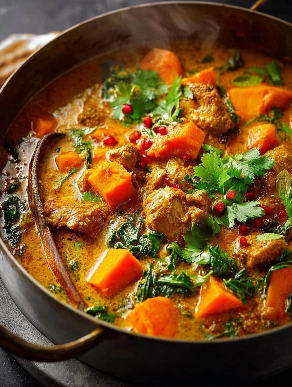 Close-up of a vibrant Chicken Sweet Potato Curry simmering in a pan, showing tender chicken and sweet potato chunks