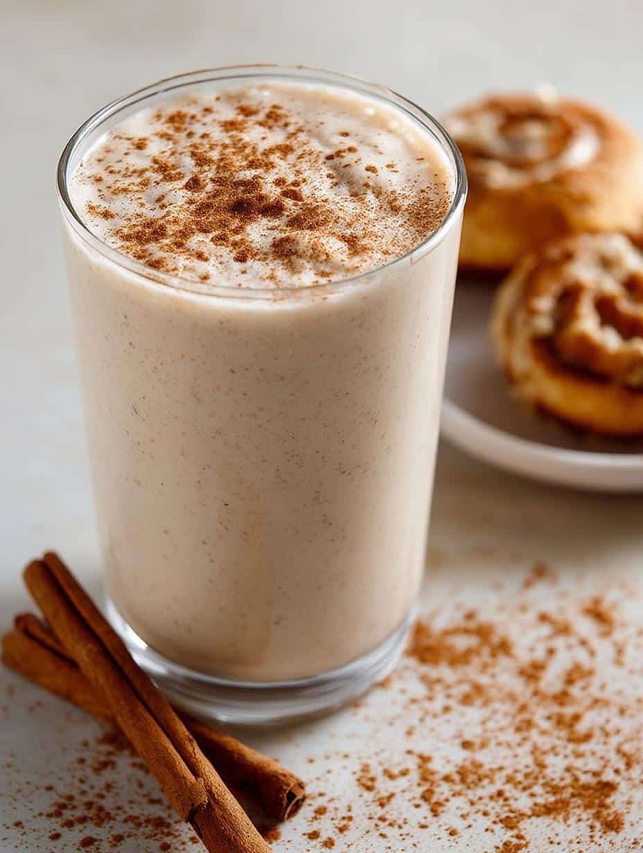 Delicious Cinnamon Roll Breakfast Smoothie in a glass with cinnamon sprinkle, ready to drink, a 5-minute delight