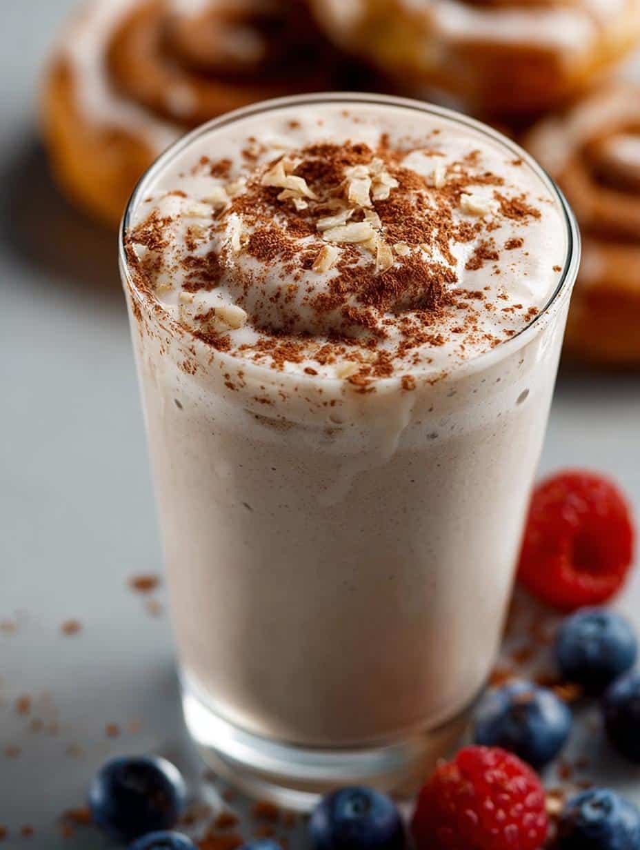 Close-up of a creamy Cinnamon Roll Breakfast Smoothie in a glass, garnished with cinnamon, a perfect 5-minute delight