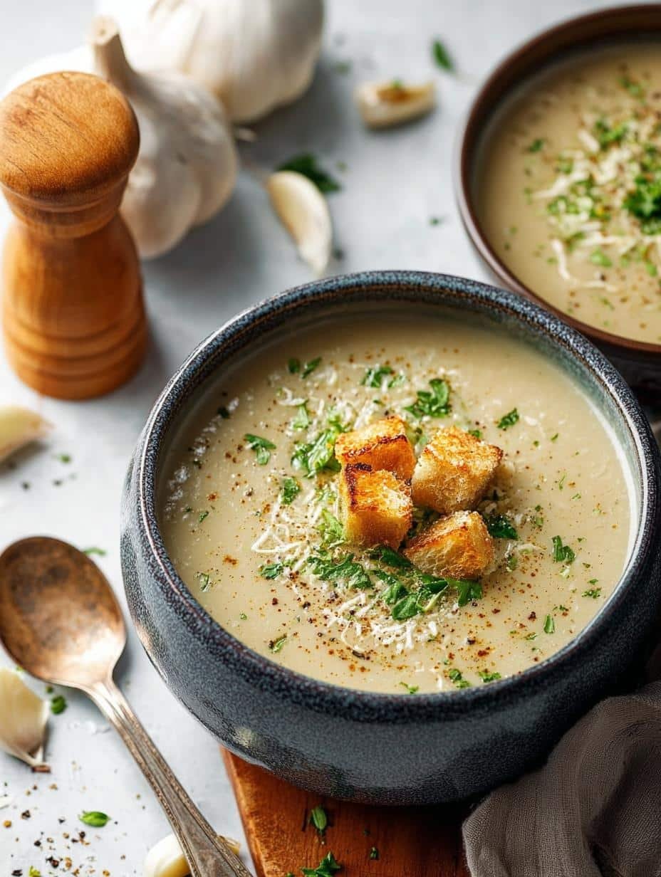 30 Comforting Clove Garlic Soup for Cozy Evenings - Clove Garlic Soup - a bowl of creamy garlic soup garnished with fresh herbs and croutons