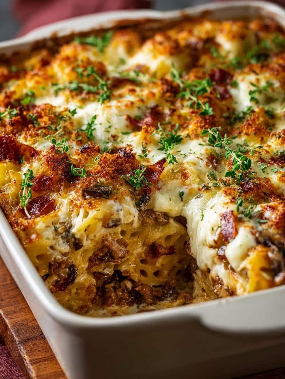 Close-up of creamy Crazy Good Casserole with melted cheese and bacon bits