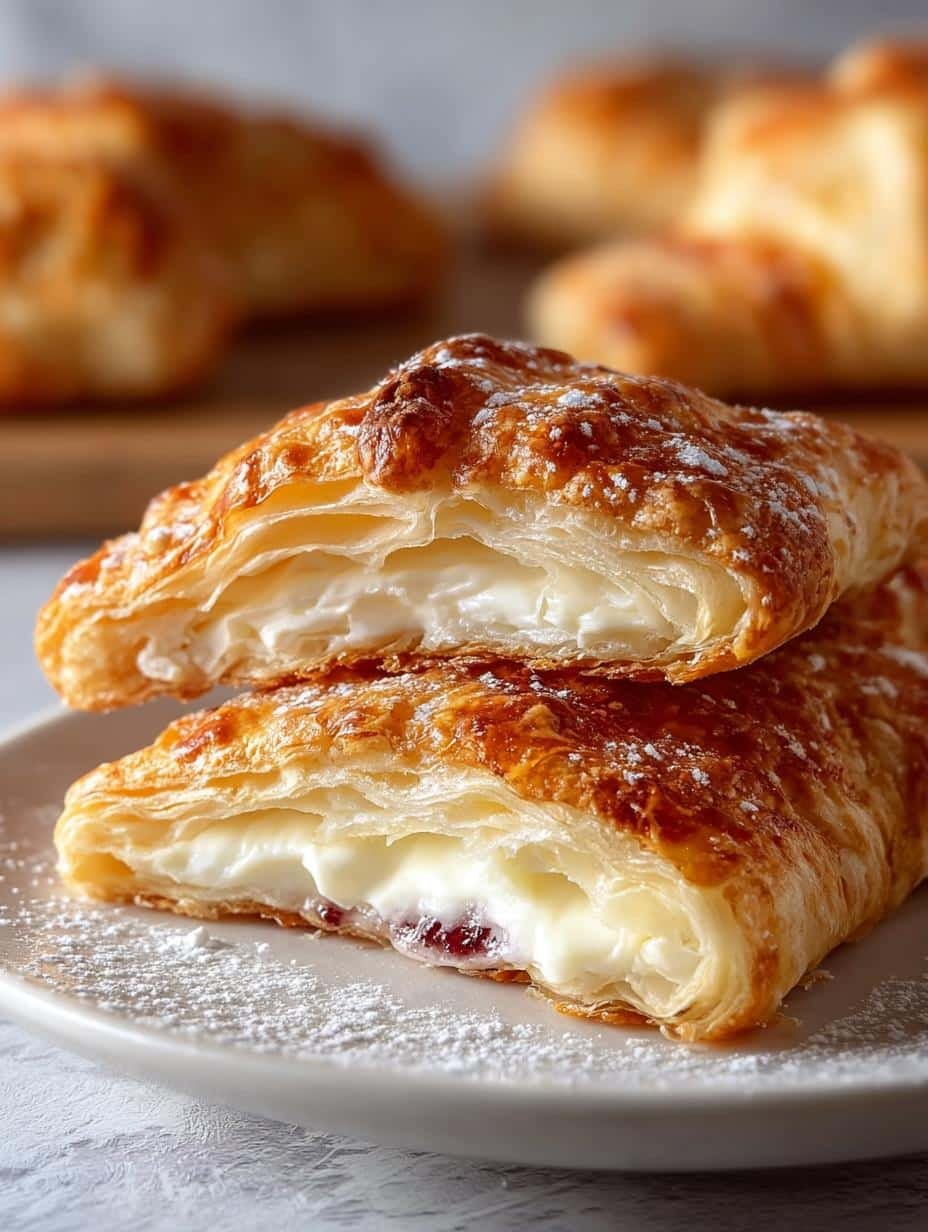 Close-up of a freshly baked Cream Cheese Danish From Scratch, showing flaky layers and creamy filling