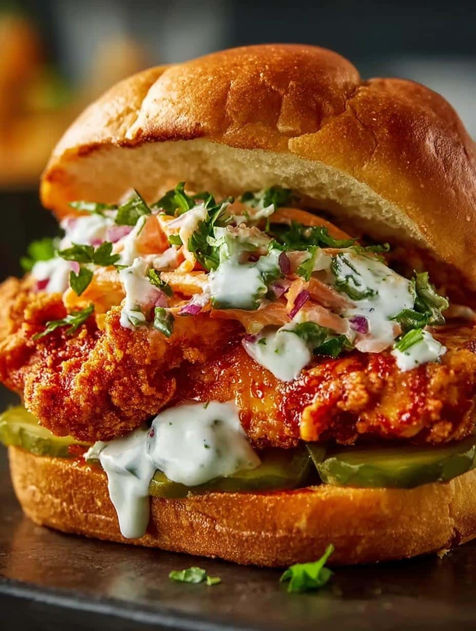 Crispy Buffalo Chicken Sandwich with Ranch Slaw Recipe - close-up of the crispy chicken and slaw