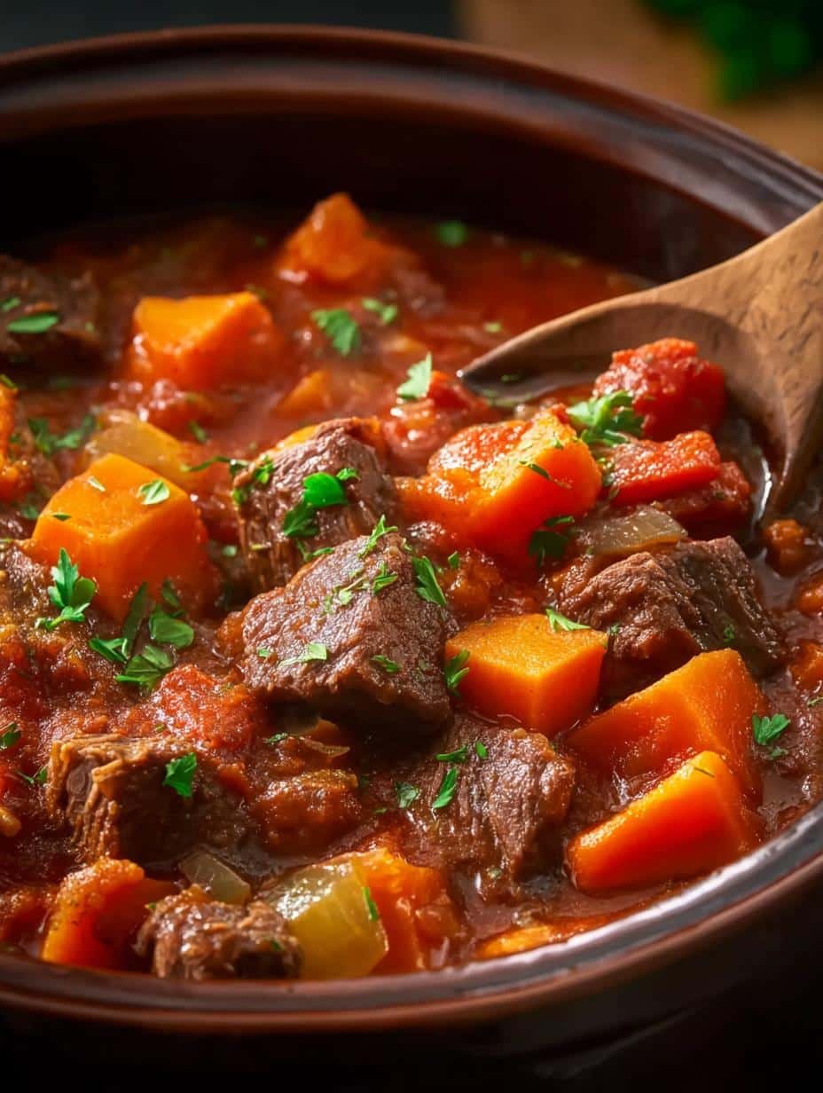 Hearty Crockpot Sweet Potato Beef stew in a bowl with fresh herbs