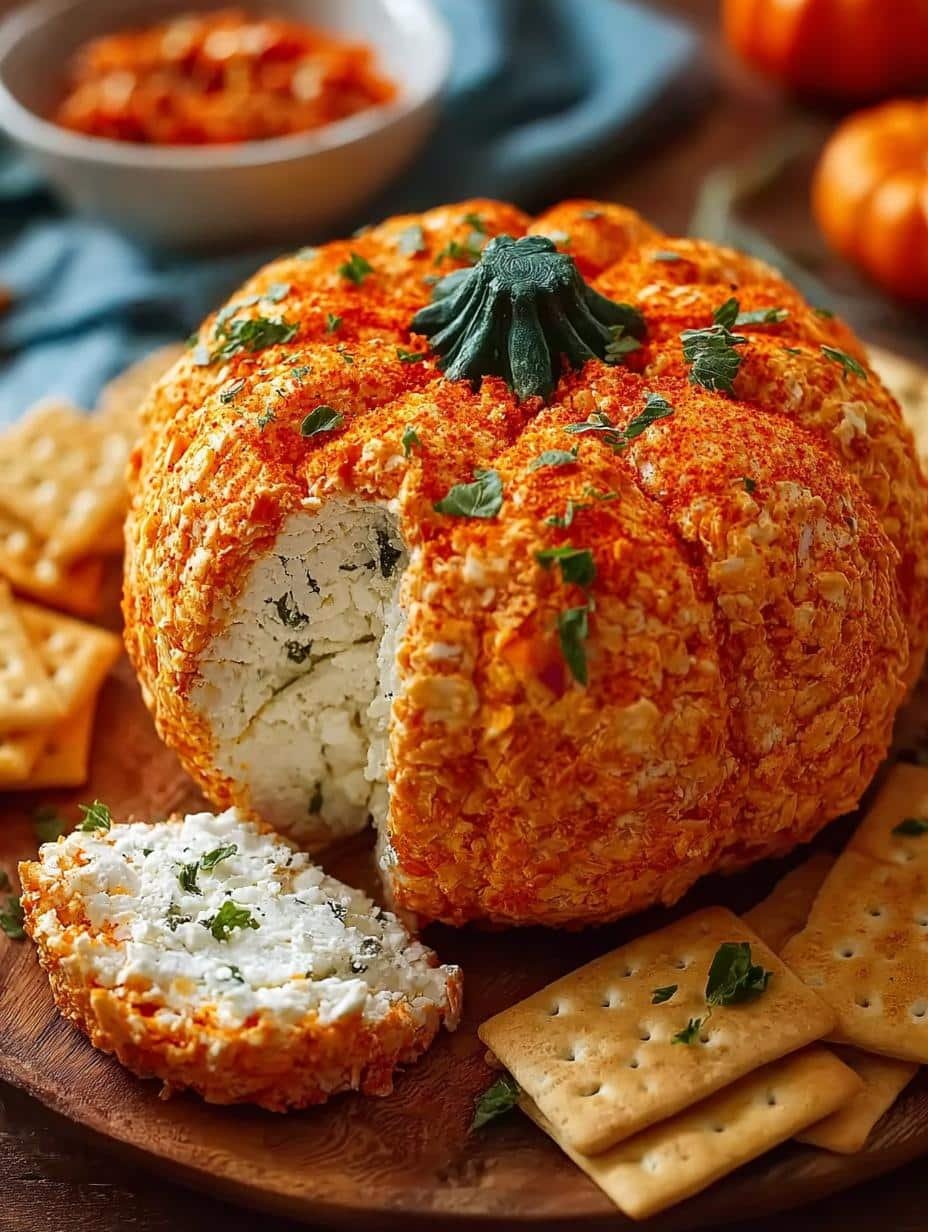 Doritos Pumpkin Shaped Cheese: 7 Festive Snack Ideas - Doritos Pumpkin Shaped Cheese - additional detail of the cheese ball with crackers