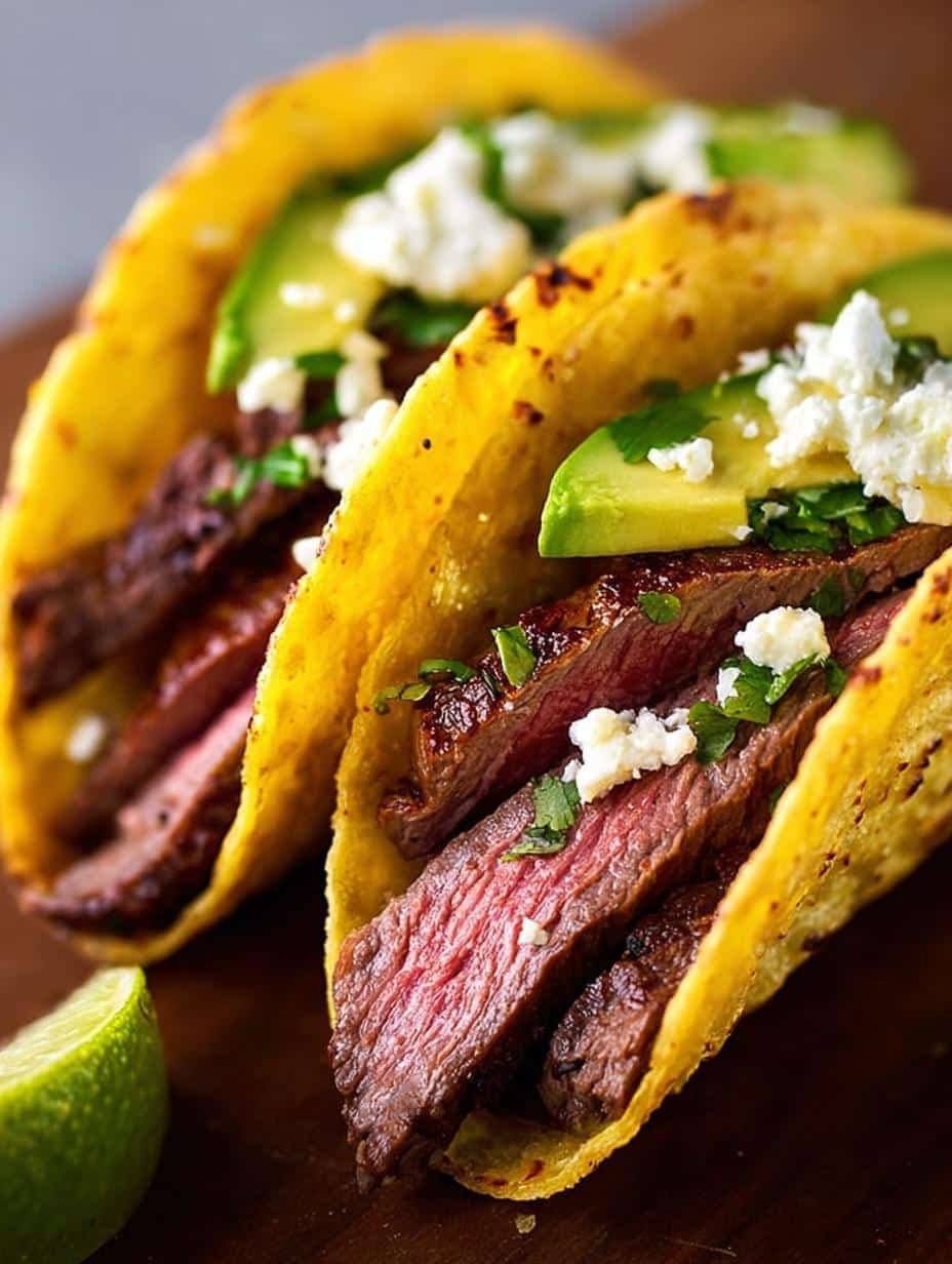 Close-up of perfectly grilled Flank Steak Tacos with vibrant toppings