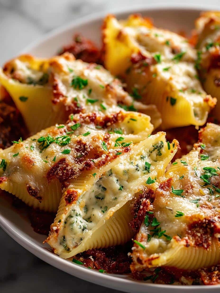 Delicious French Onion Stuffed Shells baked to perfection in a skillet, showcasing the cheesy topping and rich sauce
