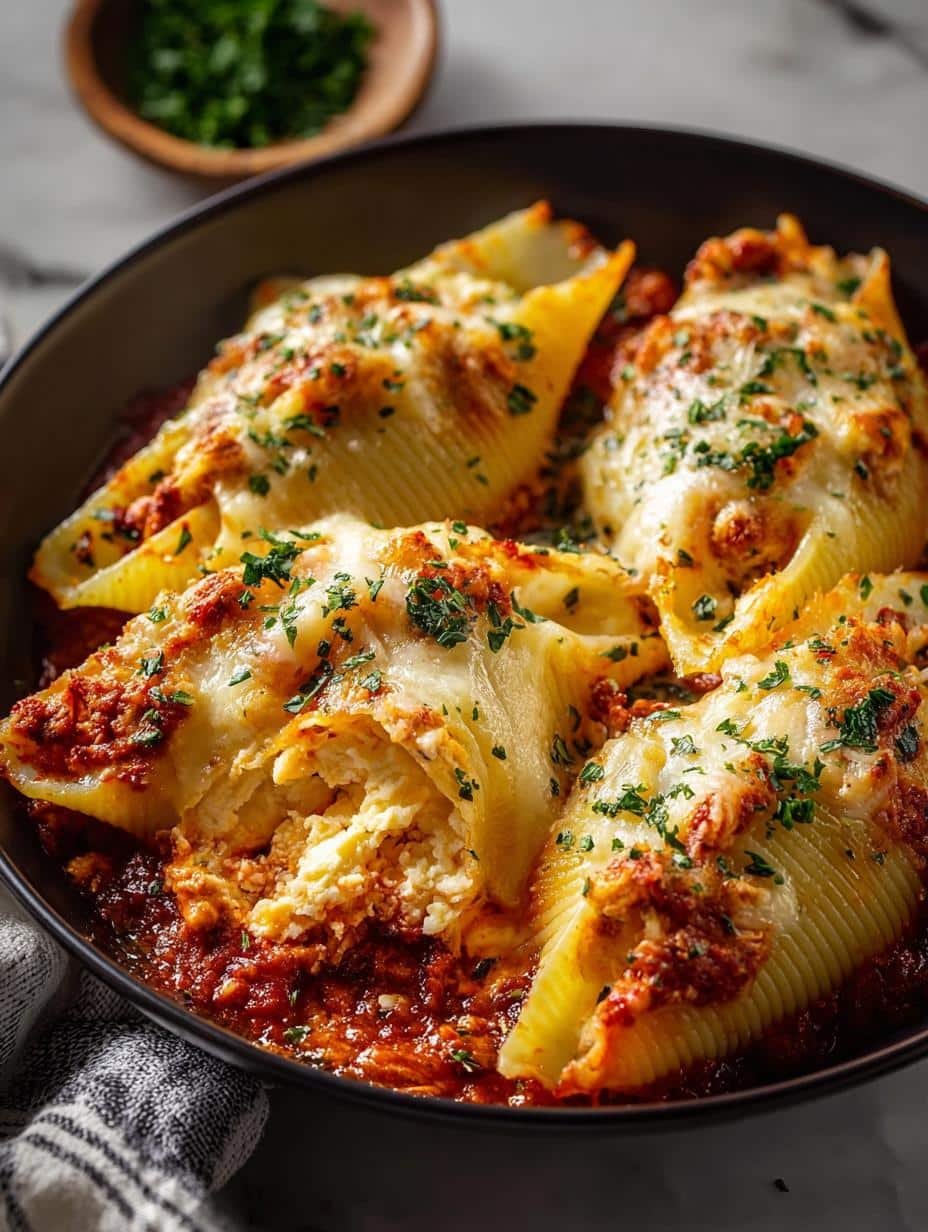 Close-up of a single French Onion Stuffed Shell, showing the creamy ricotta and Gruyère filling