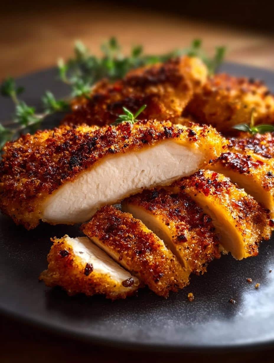 Close-up of perfectly cooked Gluten Free Air Fryer chicken, showing its crispy texture and golden-brown crust, a truly delightful meal.