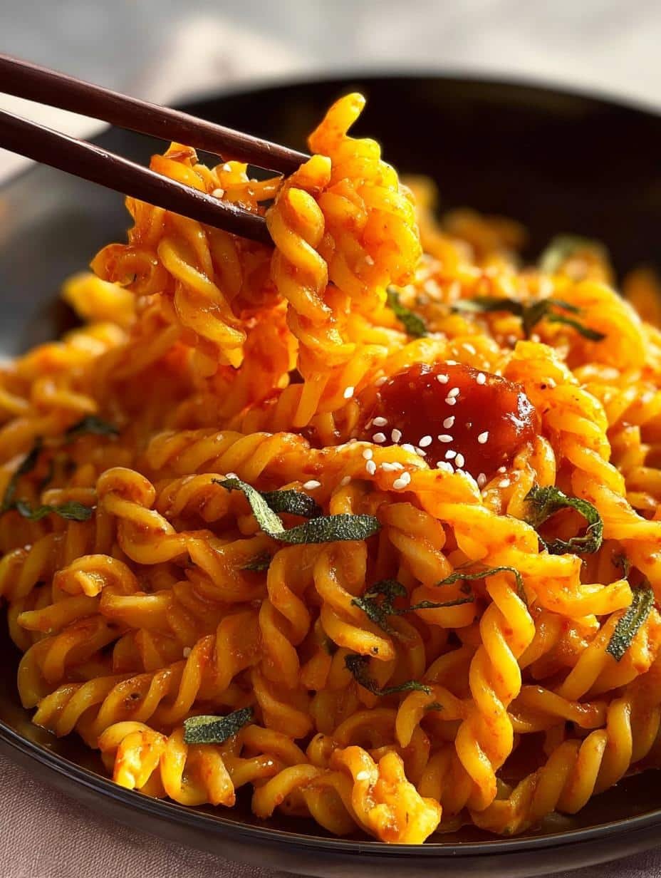 Gochujang Pasta: 15-Minute Creamy Delight - A bowl of Gochujang Pasta garnished with fresh herbs, showcasing its rich, red-orange sauce and perfectly cooked noodles.
