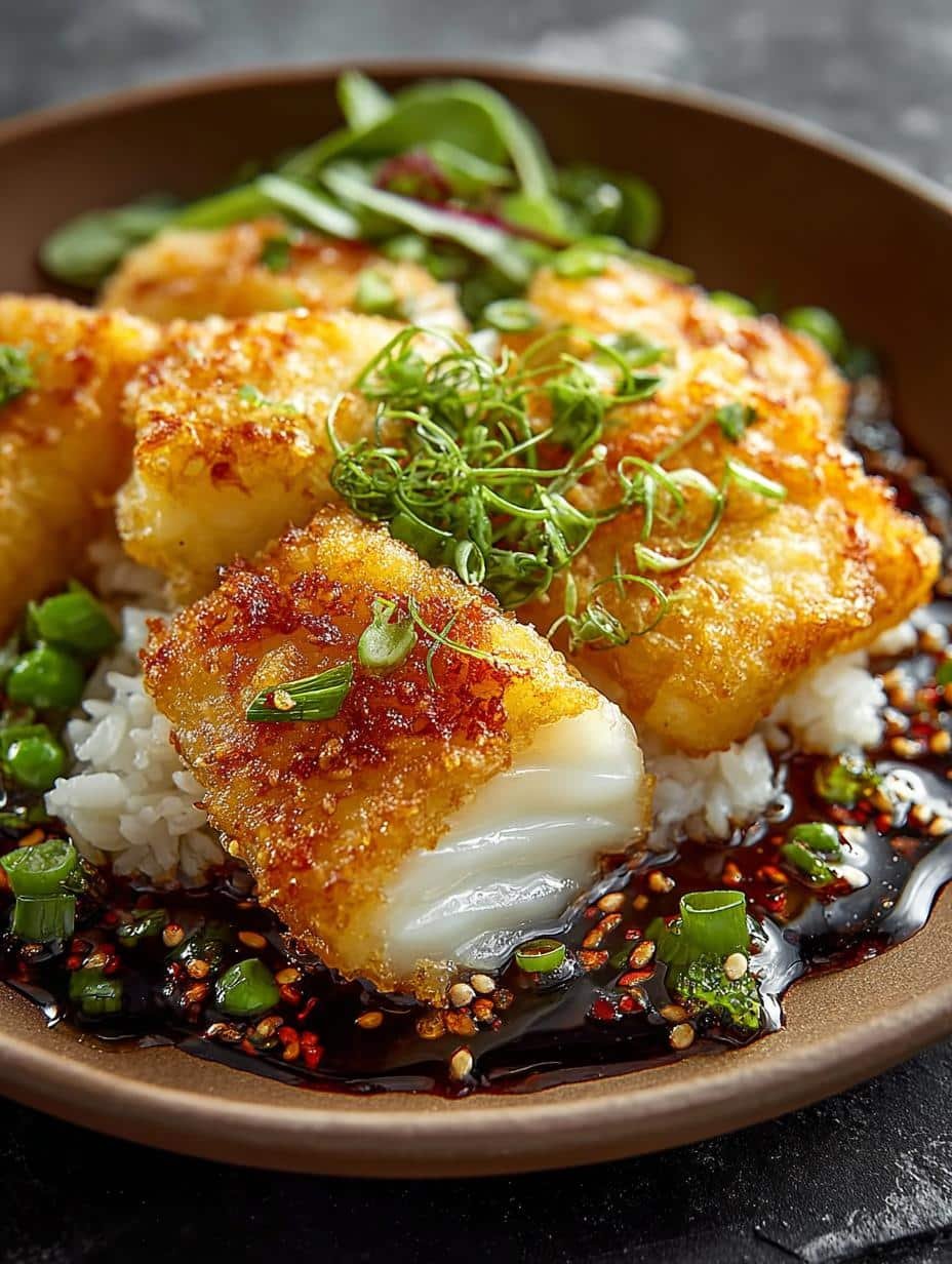 Delicious Halibut Tempura with Japanese Pickles and Spring Onion Rice, perfectly golden and crispy