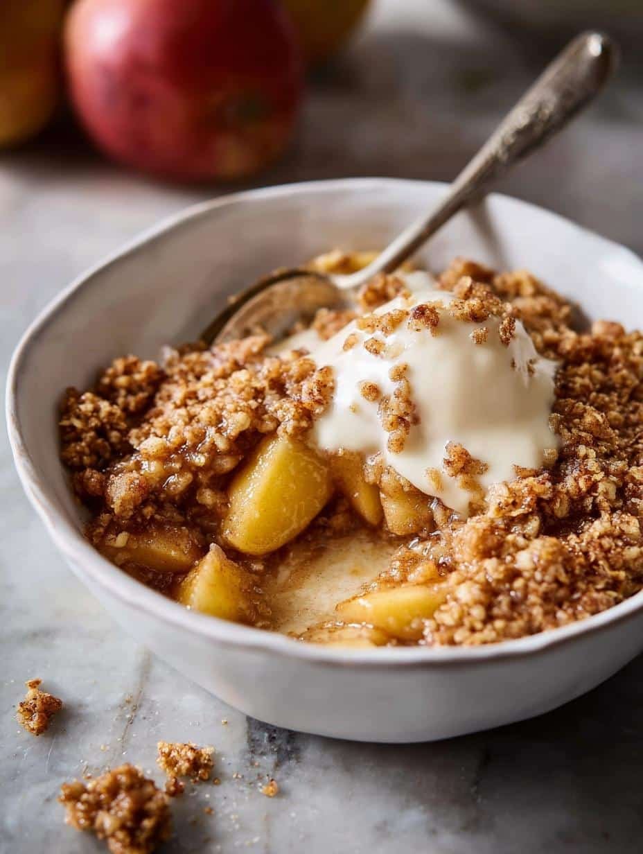 Close-up of a warm Healthy Breakfast Apple Crumble with a golden-brown oat topping