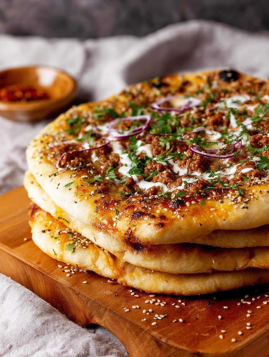 Close-up of a perfectly baked Keema Naan Authentic, showing the rich minced meat filling