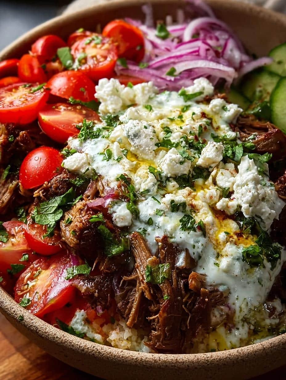 Delicious Lamb Gyro Bowls with Dreamy Creamy Sauce, garnished with fresh herbs and feta cheese