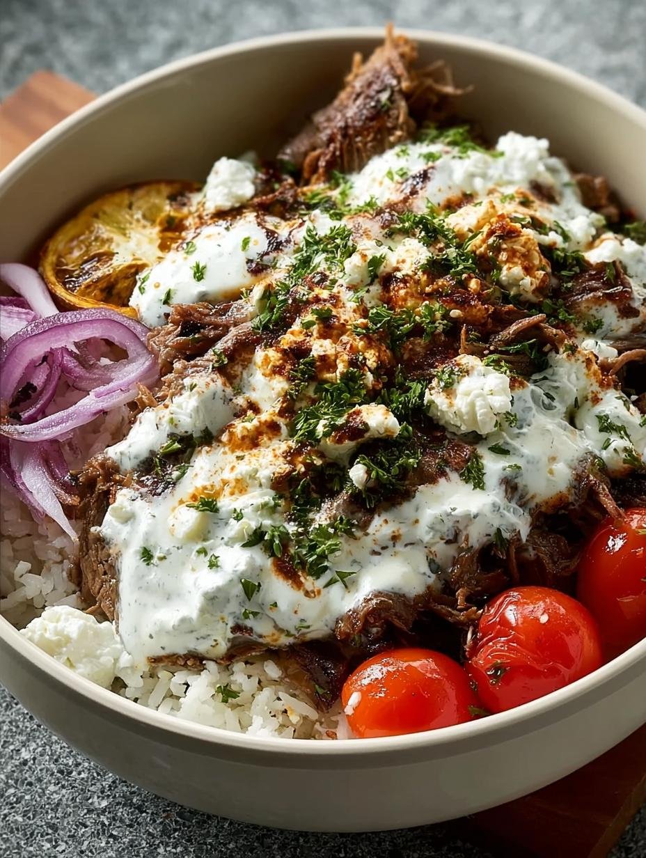 Close-up of a Lamb Gyro Bowl with Dreamy Creamy Sauce, showing tender lamb, fresh vegetables, and feta