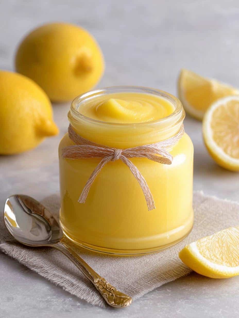 Vibrant homemade Lemon Curd in a glass jar, ready to be served, showcasing its smooth, tangy delight