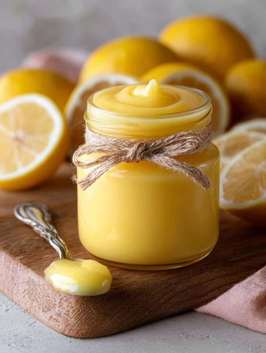A spoonful of golden Lemon Curd being lifted from a bowl, highlighting its rich and creamy texture