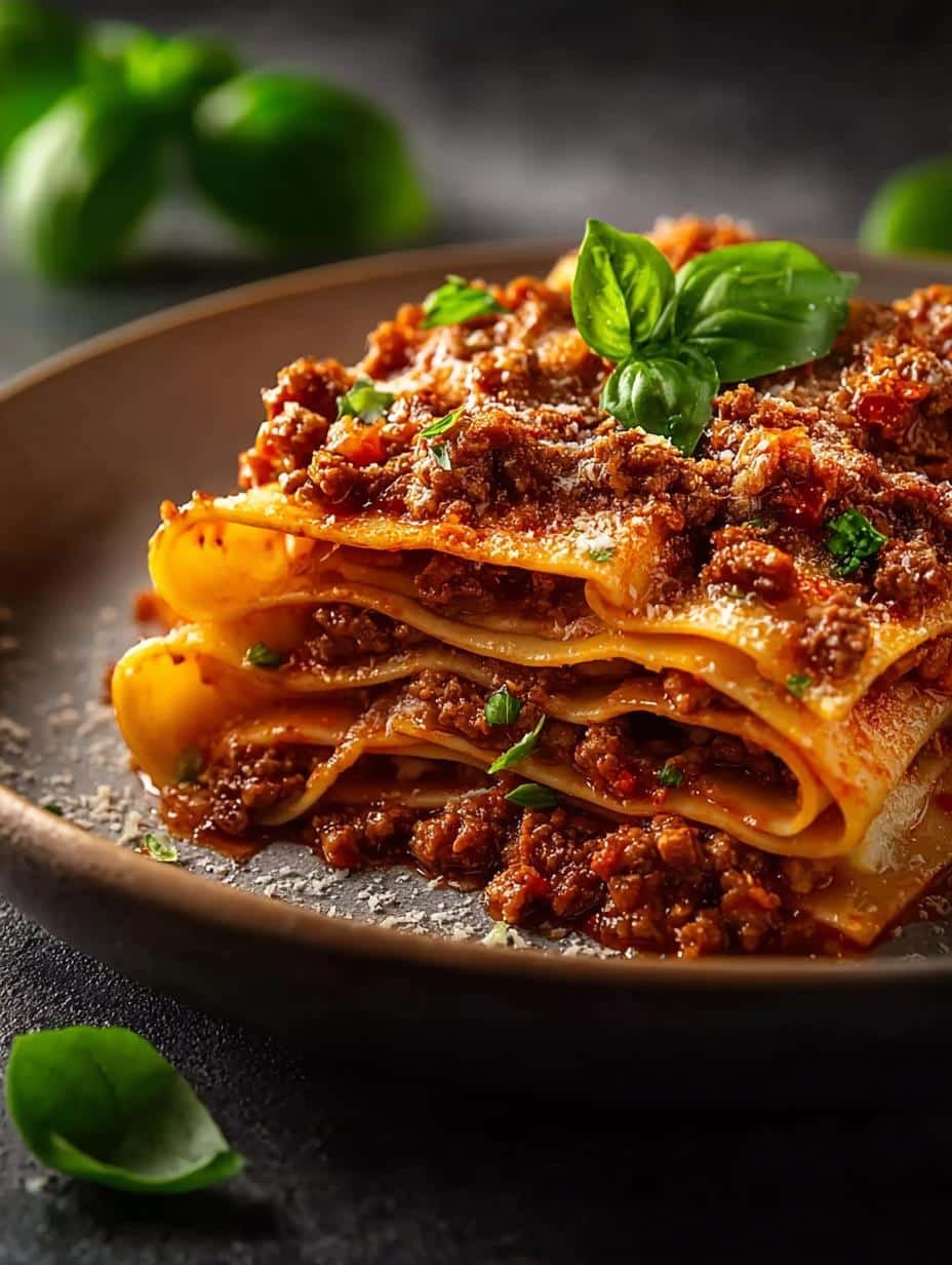 Delicious Ragu Alla Bolognese with Pappardelle served in a bowl, garnished with fresh basil and grated cheese, main visual representation