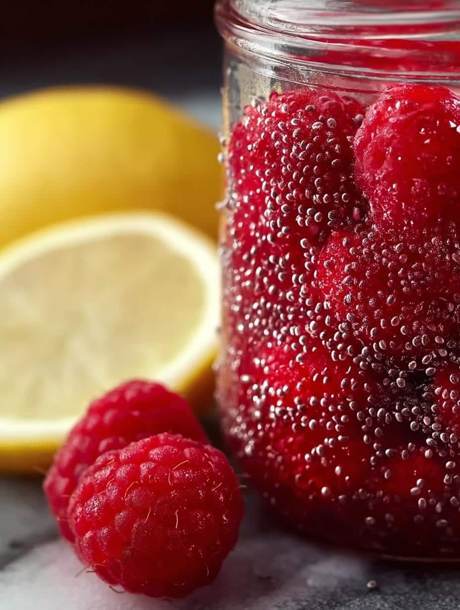 Close-up of Raspberry Lemon Chia Seed Water with chia seeds expanding and fruit infusing