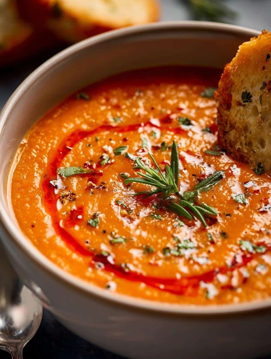 Deliciously creamy Roasted Vegetable Soup Smooth in a white bowl, garnished with fresh herbs, perfect for a comforting meal