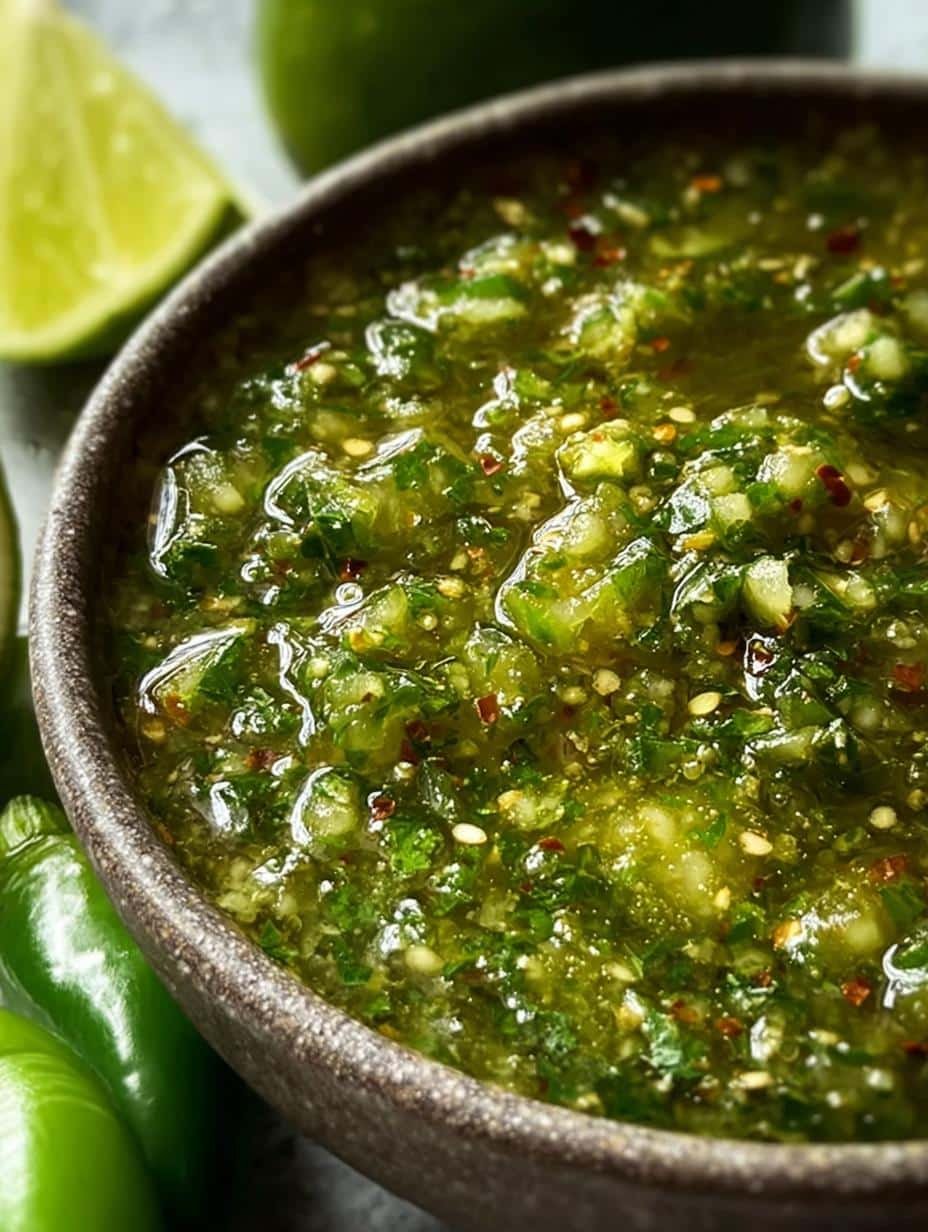 Salsa Verde: 6 Simple Steps to Homemade Green Sauce - Freshly made salsa verde in a glass jar with a spoon