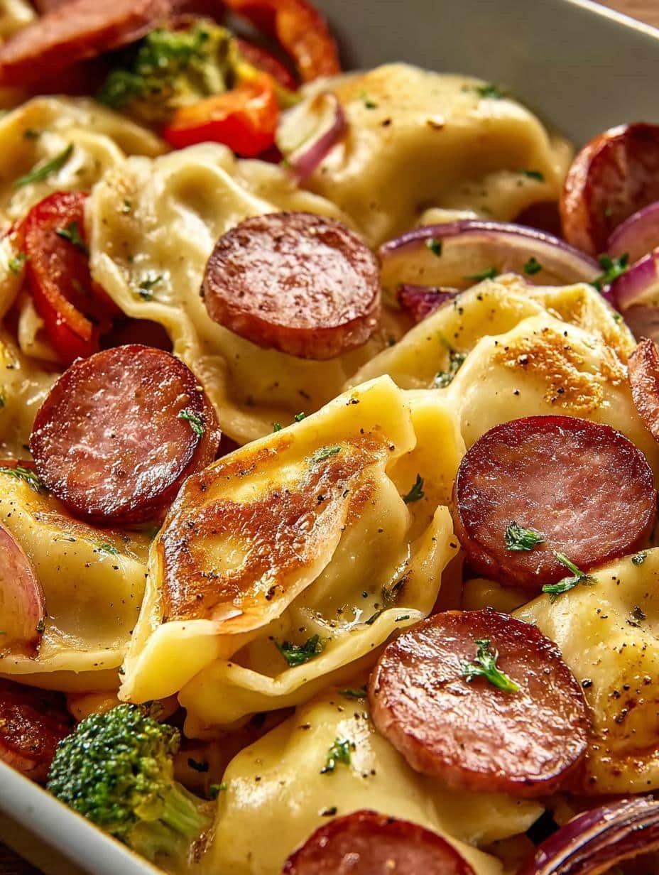 Sheet Pan Pierogies Kielbasa: 7 Irresistible Flavors - close-up of golden pierogies and kielbasa