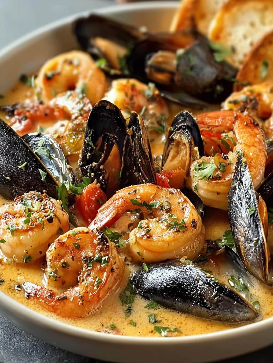 Delicious Shrimp Mussels Creamy Garlic dish in a white bowl, garnished with fresh parsley