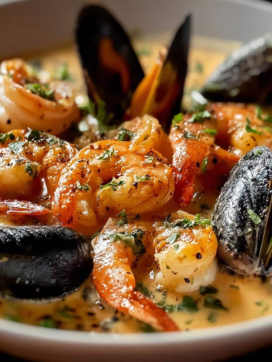 Close-up of Shrimp Mussels Creamy Garlic in a pan, showing the rich creamy sauce and plump seafood