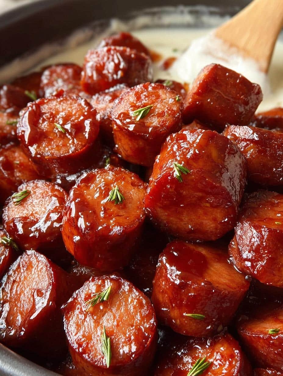 Delicious Slow Cooker Kielbasa Bites served on a platter with toothpicks, garnished with fresh parsley, ready as an appetizer