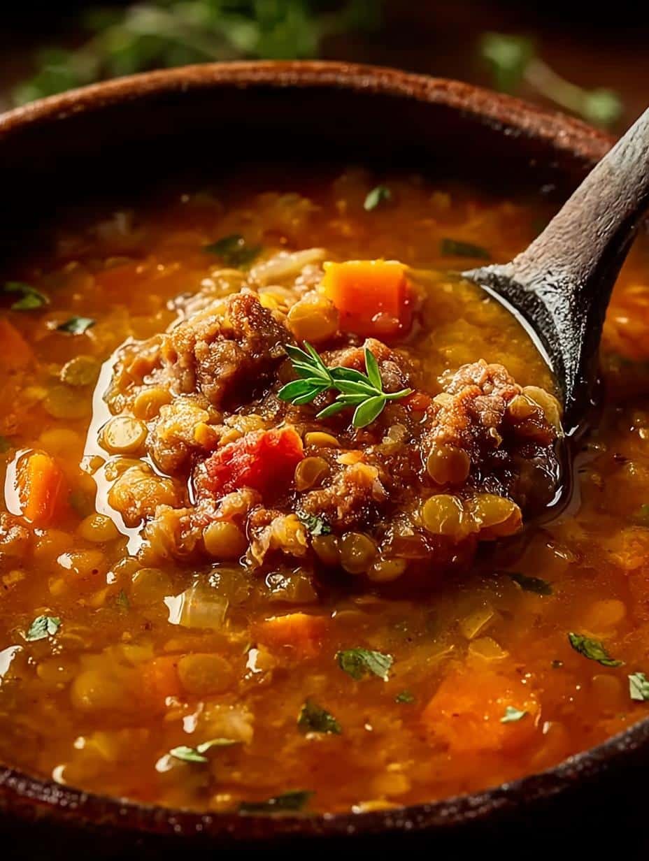 Close-up of Slow Cooker Sausage Lentil simmering in a slow cooker, showing rich texture and ingredients