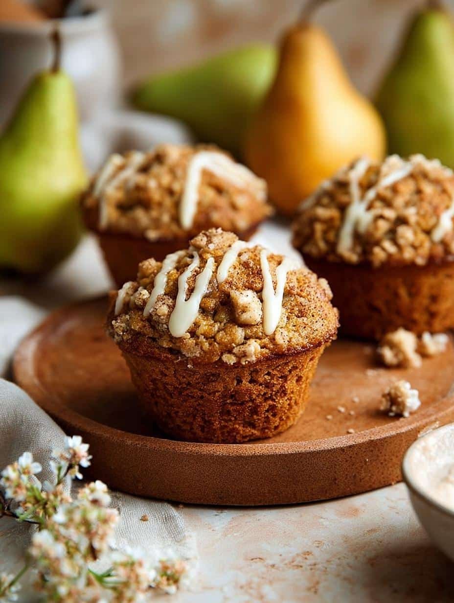 Spiced Pear Muffins with Delicious Cinnamon-Pecan Topping - main visual representation of baked muffins
