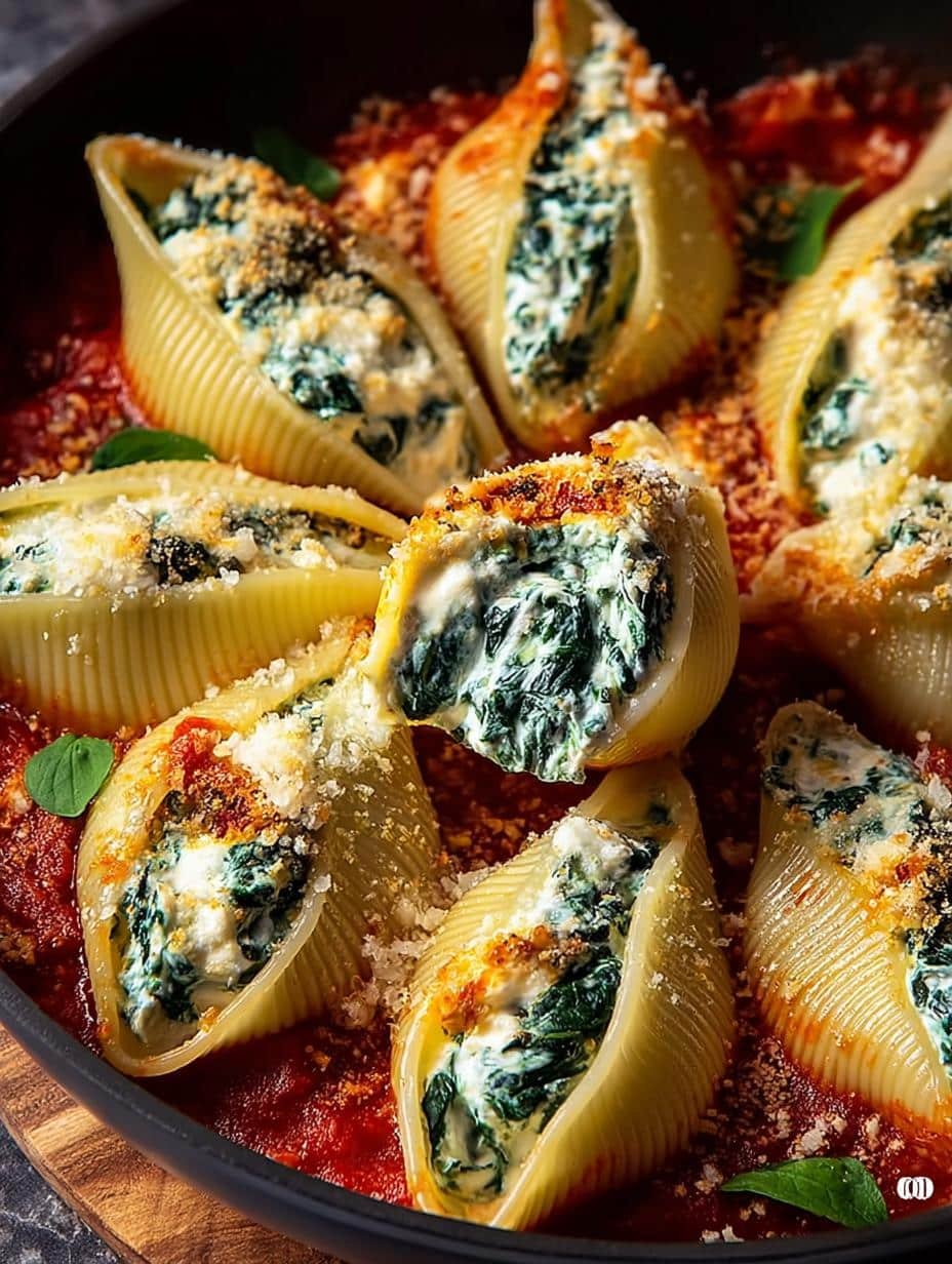 Delicious Spinach Ricotta Stuffed Shells for Dinner - close-up of cheesy baked pasta