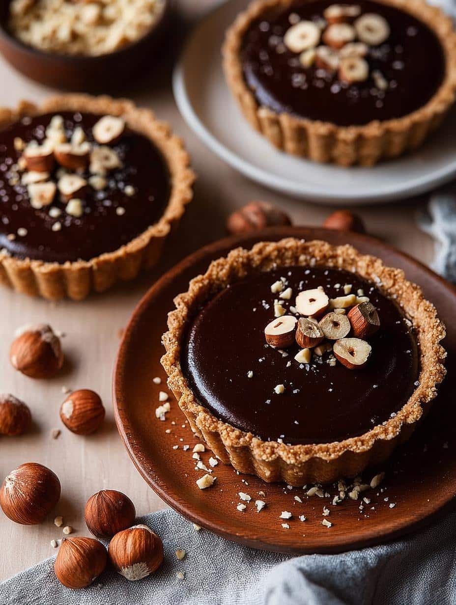 Irresistible Vegan Chocolate Hazelnut Tartlets with a rich ganache and crunchy crust, perfect for dessert